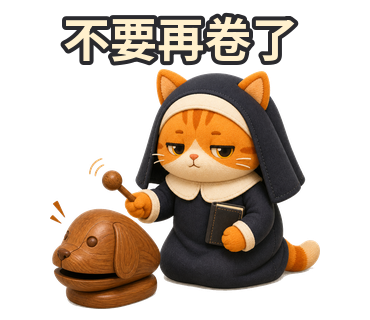 橘修女敲狗木魚，寫著不要再卷了